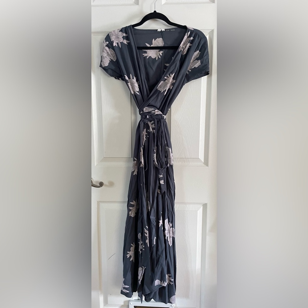 Roxy Charcoal Gray & Dusty Rose Floral Maxi Dress with Tie Waist